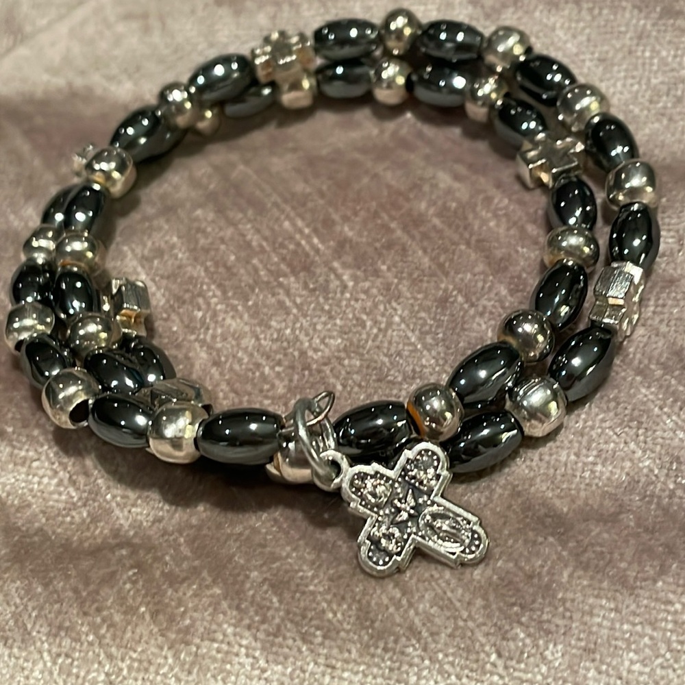 3 Layer Hematite and Crosses Coil Bracelet